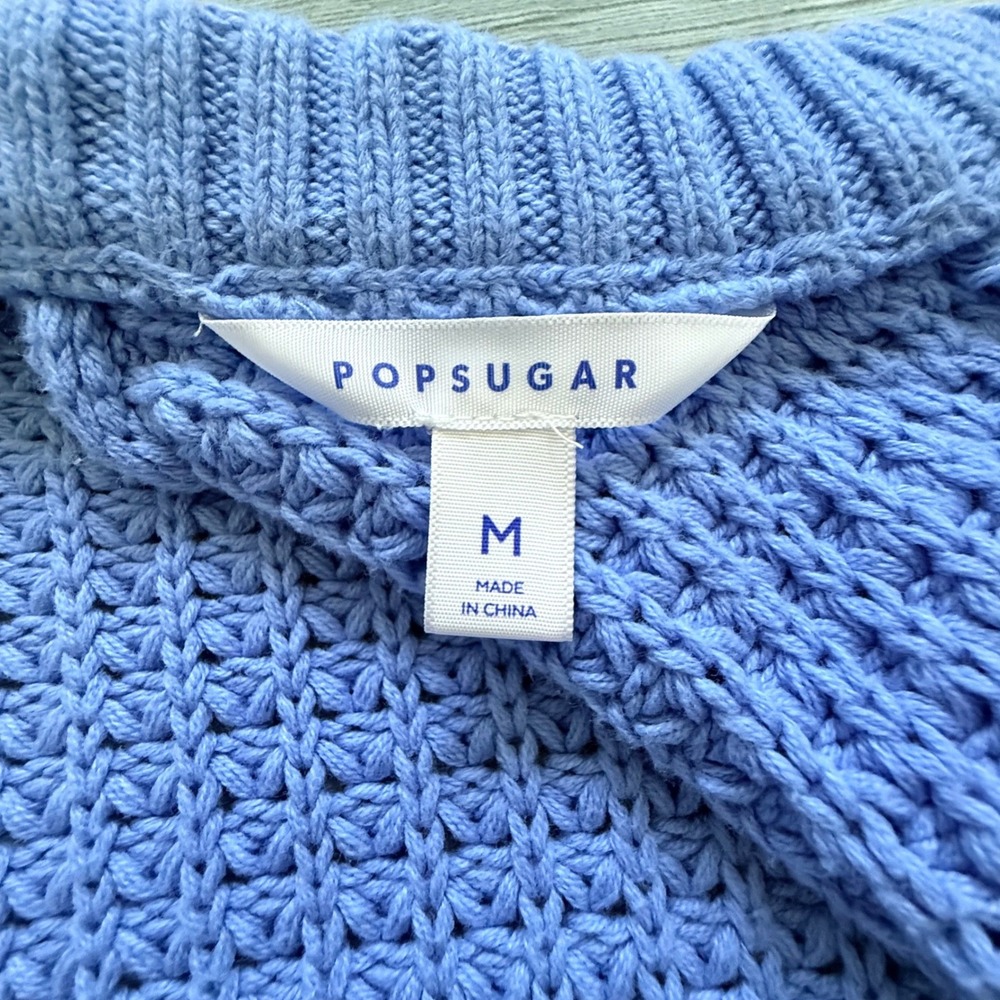 POPSUGAR Waffle Knit Cardigan Sweater Blue Mustard Yellow Cuffs Womens Medium - Picture 5 of 12